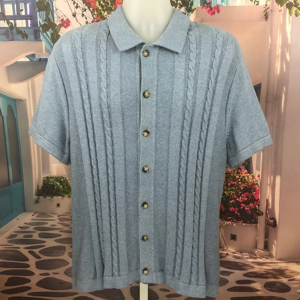 J. Crew Short Sleeve Light Blue Cable Knit Polo Cardigan